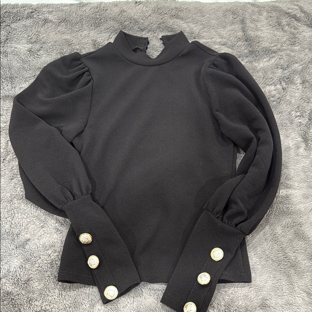 SHEIN Black Long Sleeve Puff Blouse with Mandarin Collar